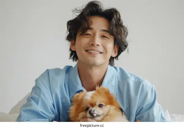A smiling Asian man is holding a Pomeranian dog