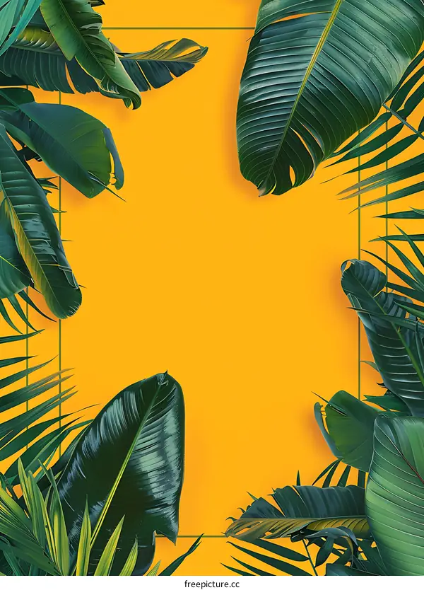 Tropical Leaves Frame on Yellow Background