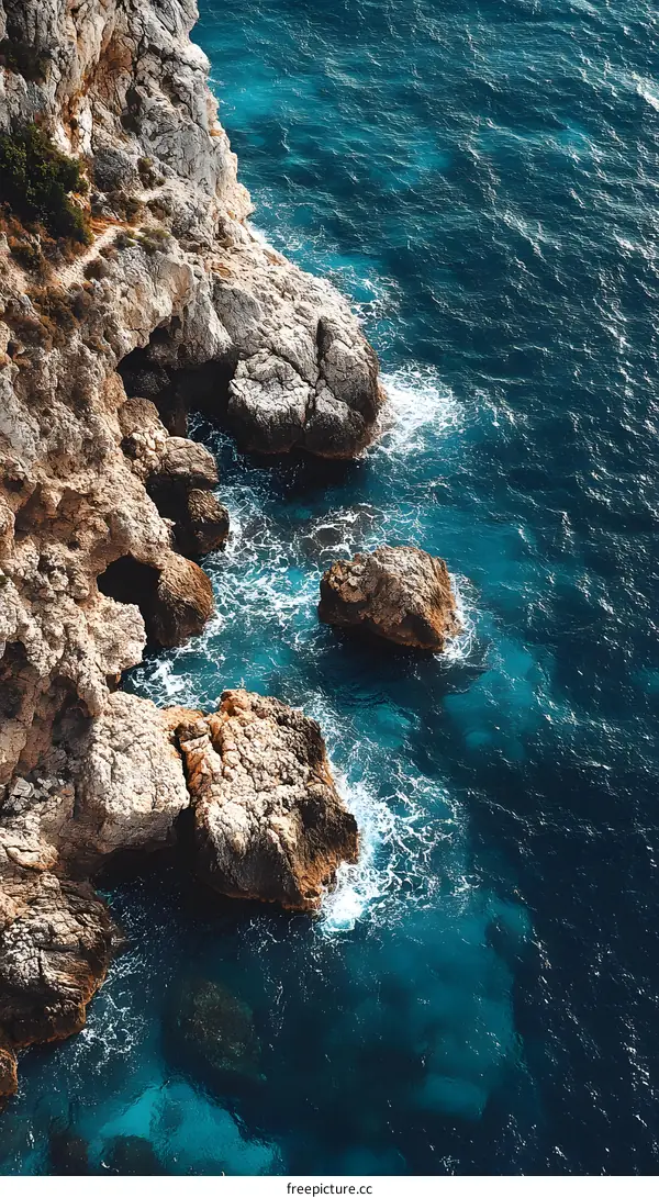Aerial View of Rocky Coastline with Crystal Clear Ocean Water