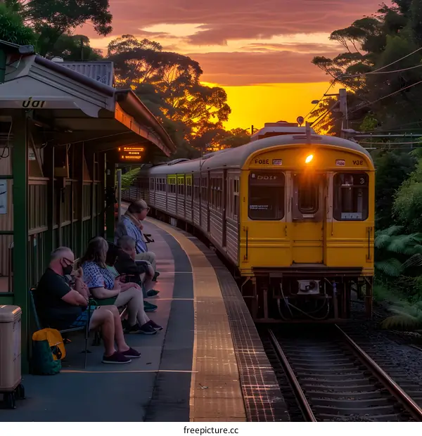 Train Station Sunset with Passengers Waiting for Departure