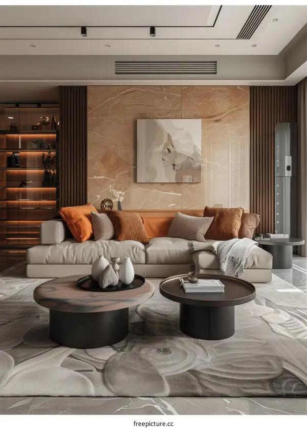 Modern Living Room Interior Design with Beige Sofa and Two Coffee Tables