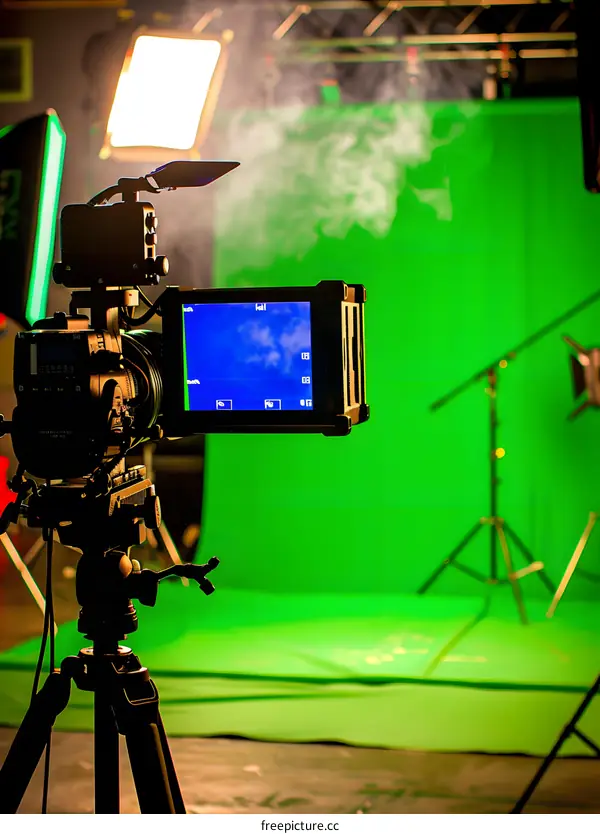 Professional Video Camera Recording On Green Screen Background