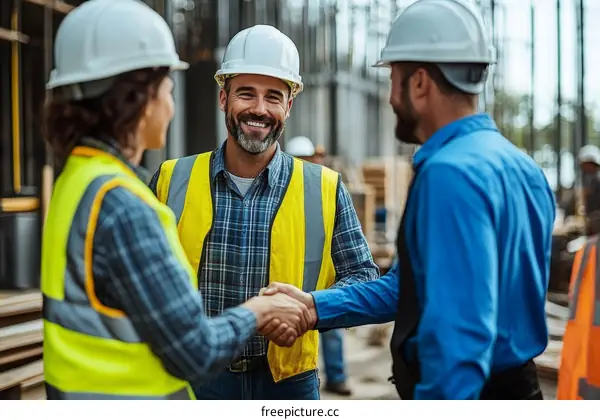 Construction Workers Handshake Teamwork Cooperation