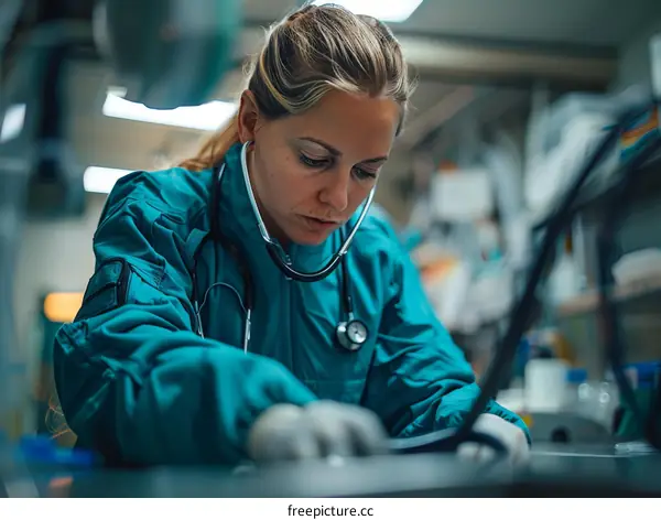 A female doctor is working in a hospital.