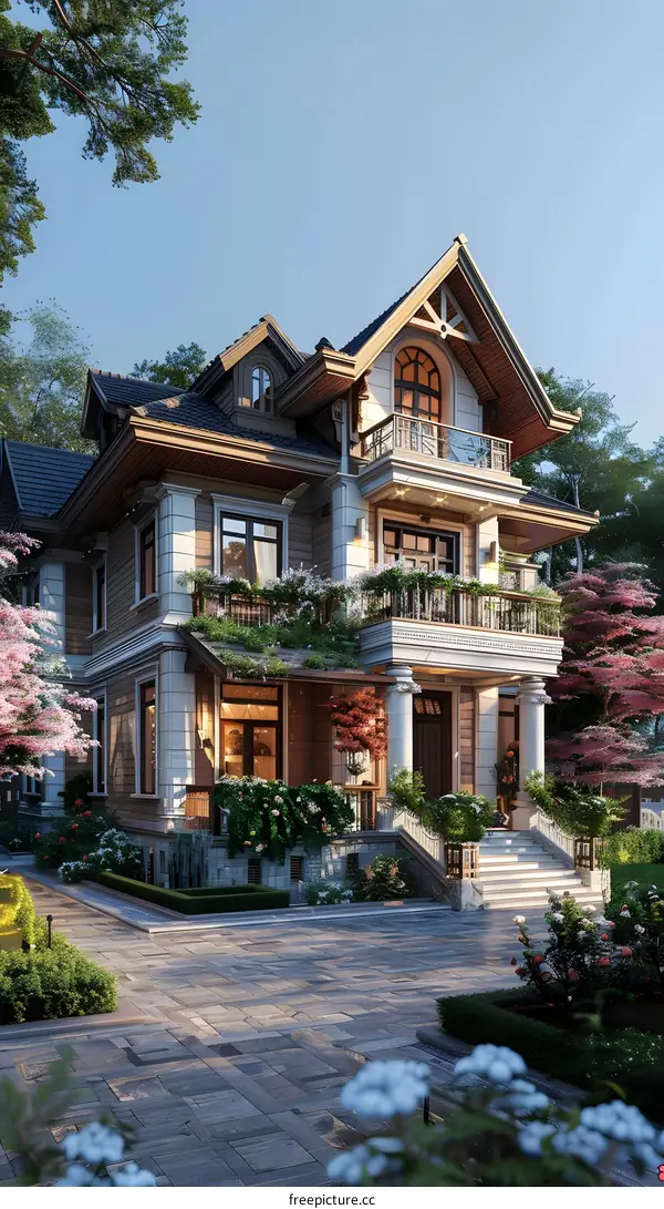 European-style house with beautiful yard