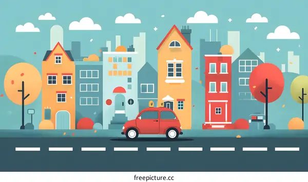 Red Car Driving Through Autumn Cityscape Illustration