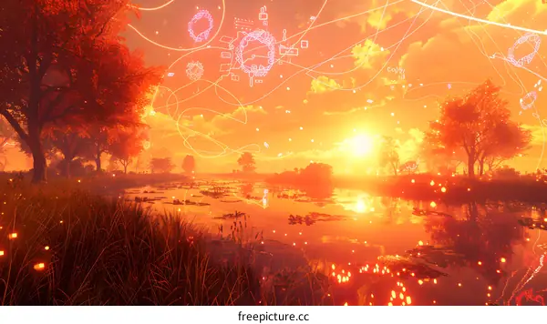 The setting sun casts a golden glow on the lake and trees