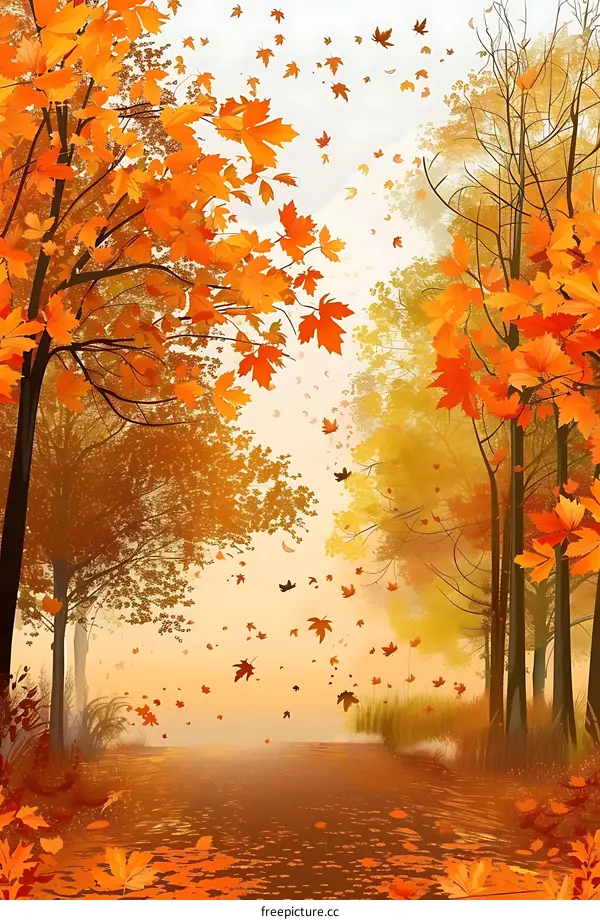 Autumn Leaves Fall in Forest Pathway