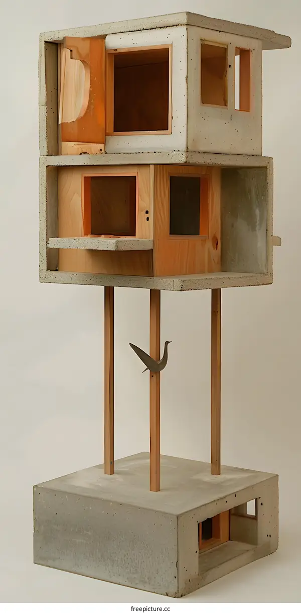 Concrete Model of A Small House with Bird Sculpture