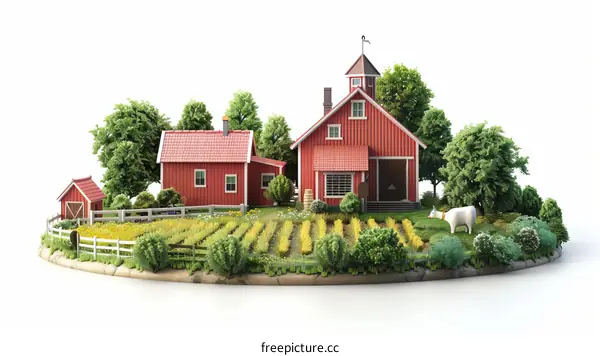 3D Rendering of Rural Scene with Red Barn and Cow