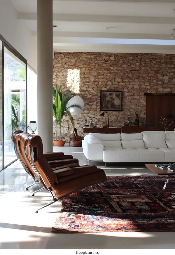 Modern Living Room Interior Design With Leather Chairs And Stone Wall