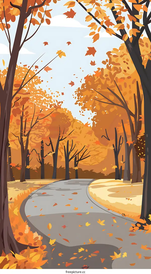 Autumn Road in Colorful Forest Landscape Illustration