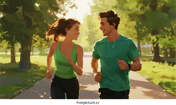 Two people jogging together in a sunny park