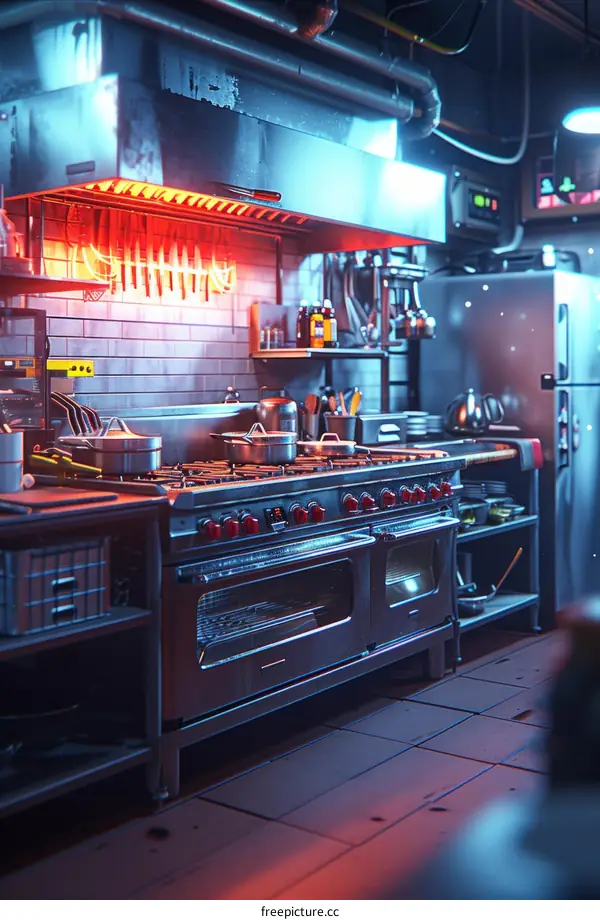 A commercial kitchen with a large stove and stainless steel appliances