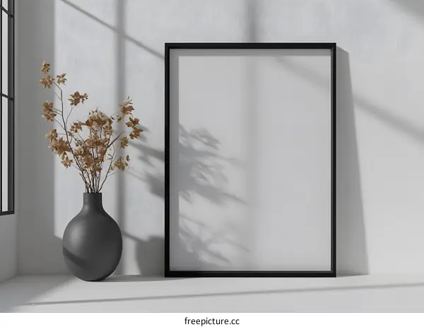 Blank Frame Mockup with Vase of Dried Flowers on White Wall