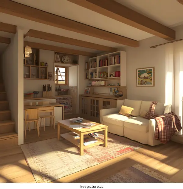 Cozy Living Room Interior Design with Wooden Beams and a Sofa