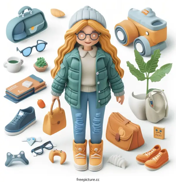 Cute Cartoon Girl with Accessories and Items