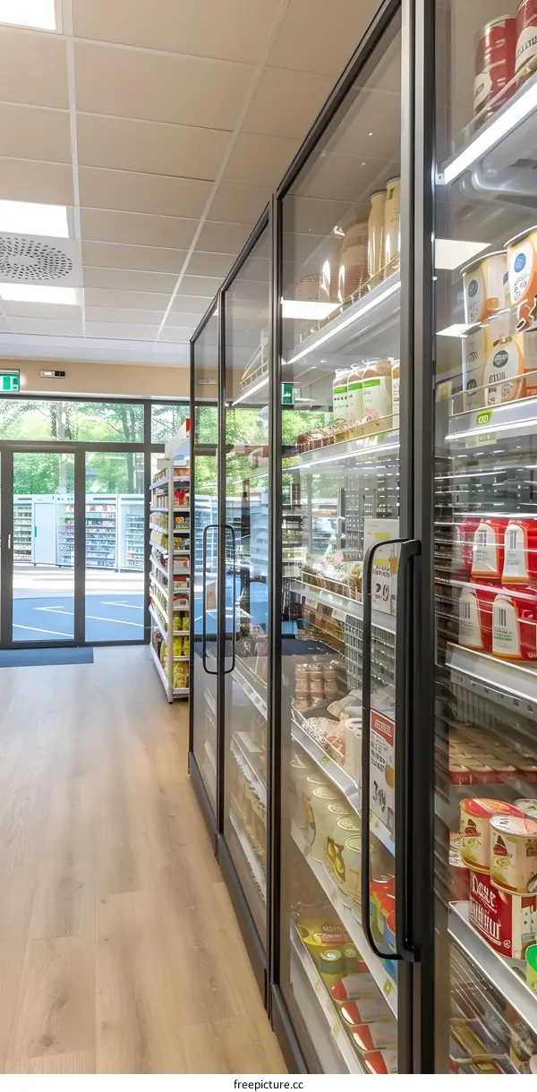Glass Door Refrigerated Display Case Inside a Grocery Store