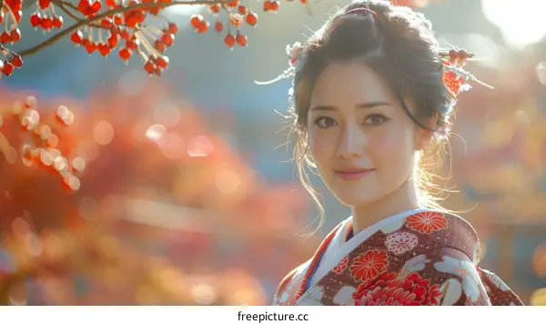 Portrait of a beautiful Japanese woman in traditional kimono