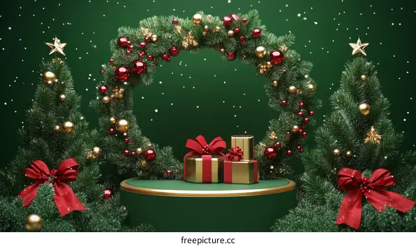 Christmas Festive Scene with Wreath and Trees