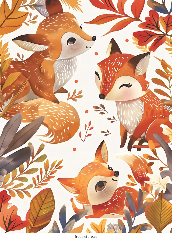 Cute Cartoon Fox Illustration With Leaves