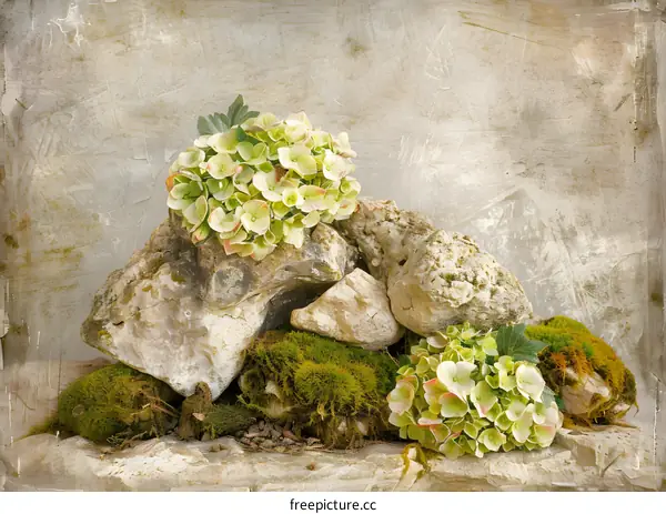 Hydrangea Flowers On Stones With Moss And Vintage Texture