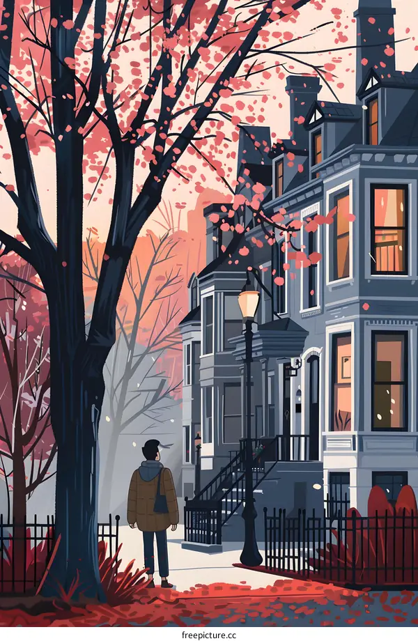 Autumn Street Scene with Single Person Walking