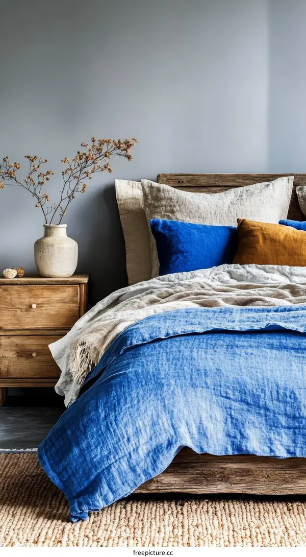 Cozy Blue Linen Bedding in a Rustic Bedroom