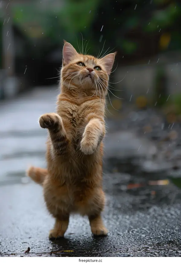 Orange cat standing on the wet ground with raised paws in the rain