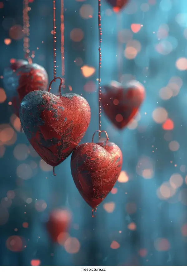 Red Heart Ornaments Hanging on Strings