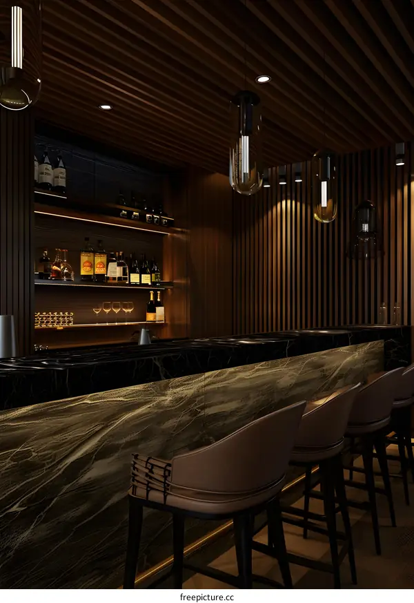 Modern Bar Interior Design with Wooden Paneling and Black Marble Countertop