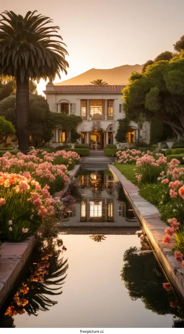 A beautiful mansion with a long reflecting pool in front of it