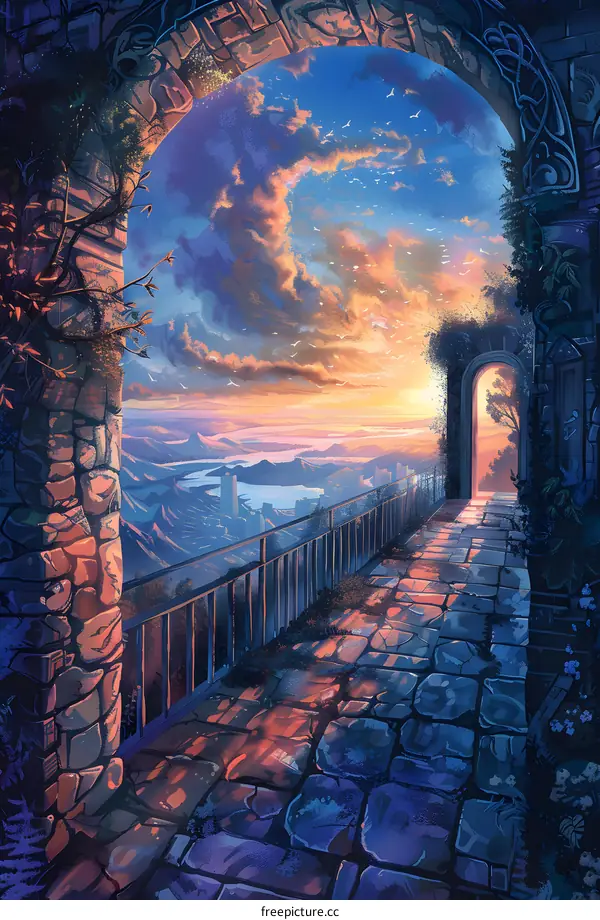Stone Archway Leading to a Sunset View