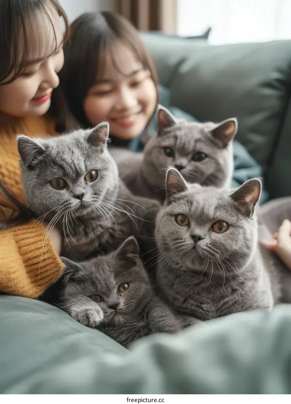 Two Asian women and their British Shorthair cats