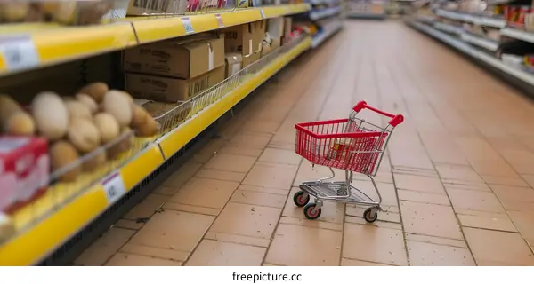 Red Shopping Cart In Supermarket Aisle