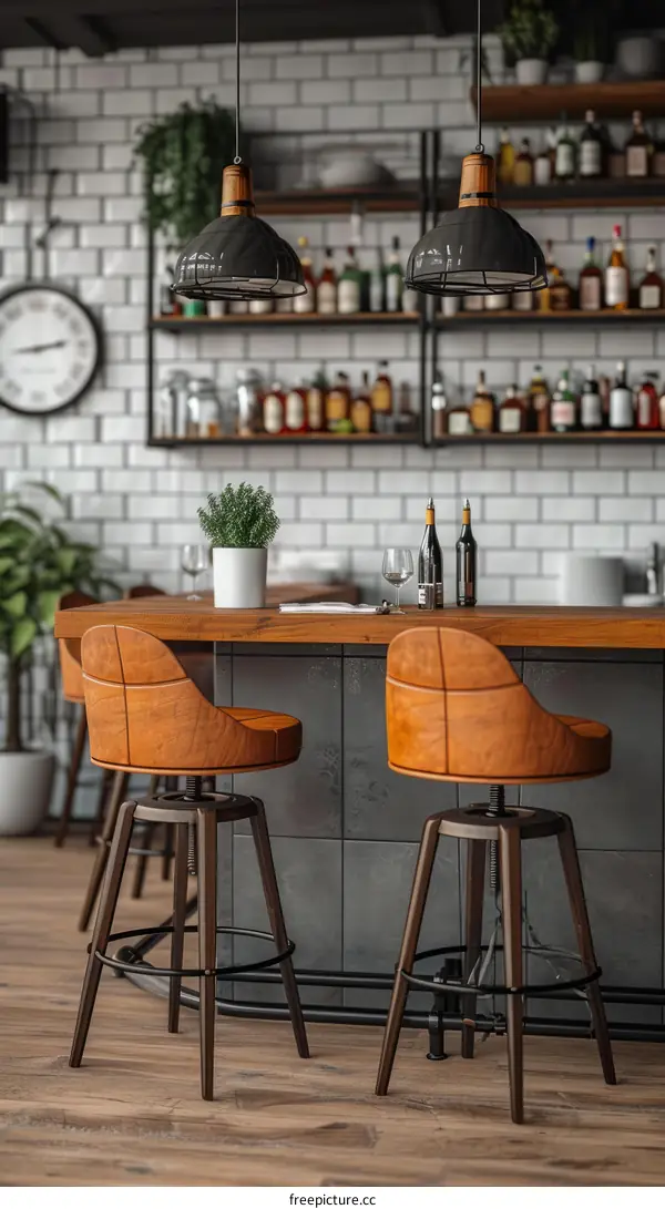 Two vintage bar stools in front of a bar counter with a clock on the brick wall