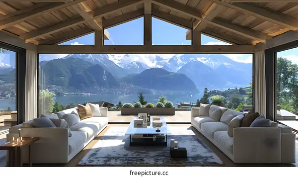 Modern house interior with amazing mountain and lake view
