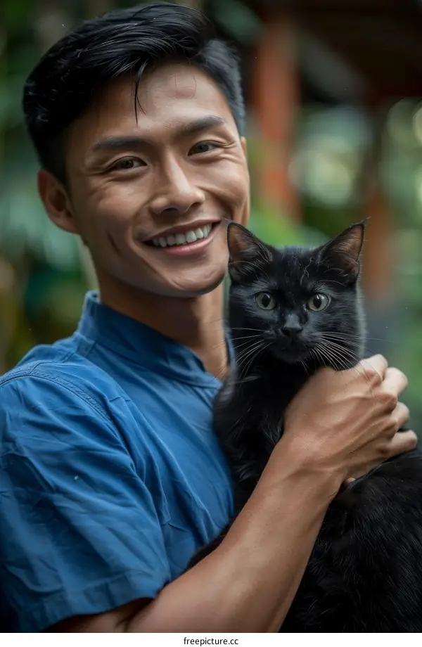 A young man is smiling and holding a black cat in his arms.