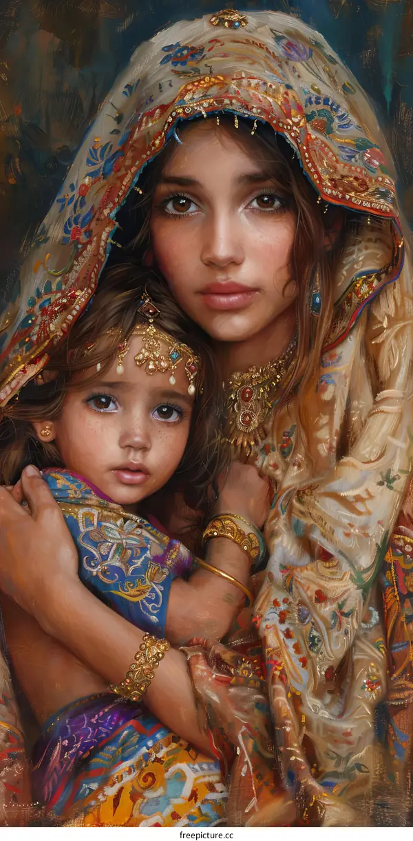 An Indian mother and her child are wearing traditional Indian clothes.
