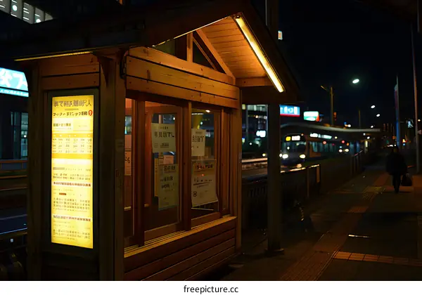 Nighttime Bus Stop in Japan with Person Walking