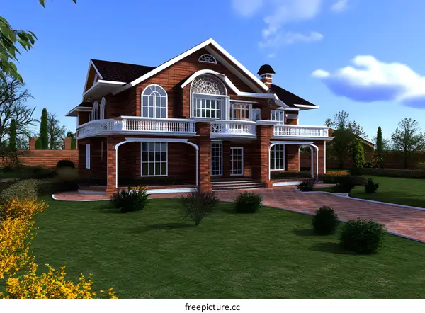 Brick House with Balcony and Lush Green Lawn