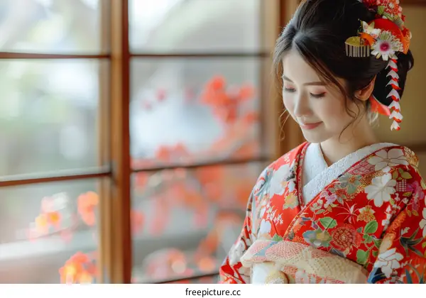 A Japanese woman wearing a kimono is standing in a traditional Japanese room.