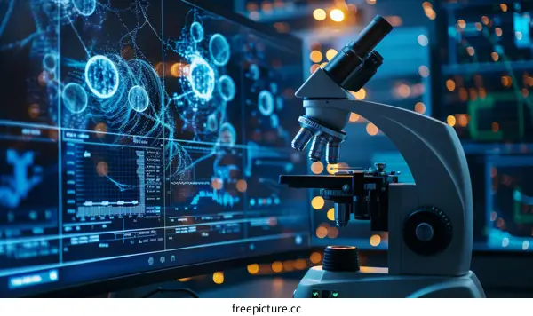 Microscope in the lab with a computer in the background