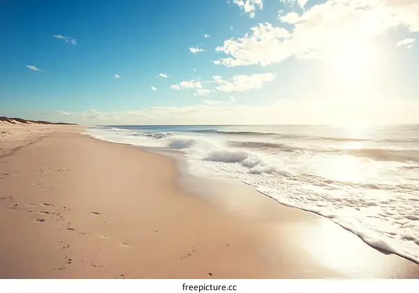 Sandy Beach with Blue Sky and Waves