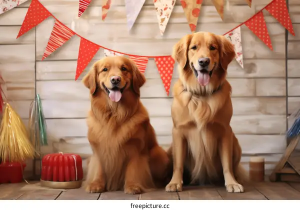Two Golden Retrievers Sitting in Front of a Wooden Wall with Red and White Party Flags