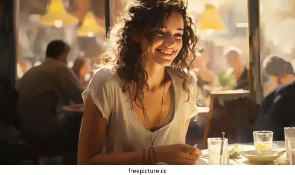 Smiling Young Woman with Curly Hair at a Restaurant
