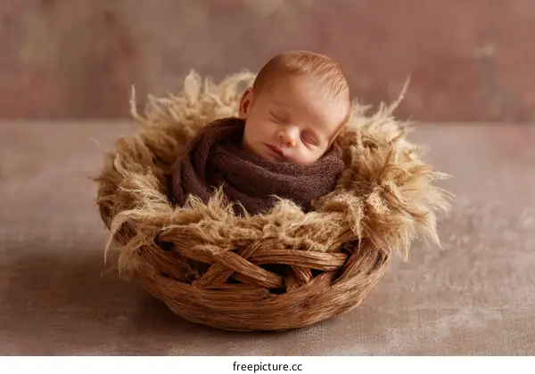Adorable Newborn Baby Sleeping in a Basket