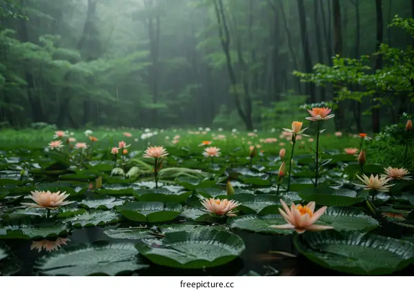 A beautiful pond of water lilies in a lush green forest with rain falling