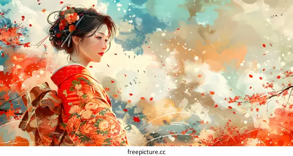 An Asian woman wearing a red kimono with a white obi sash and a red and white floral pattern stands in a field of red and orange flowers.