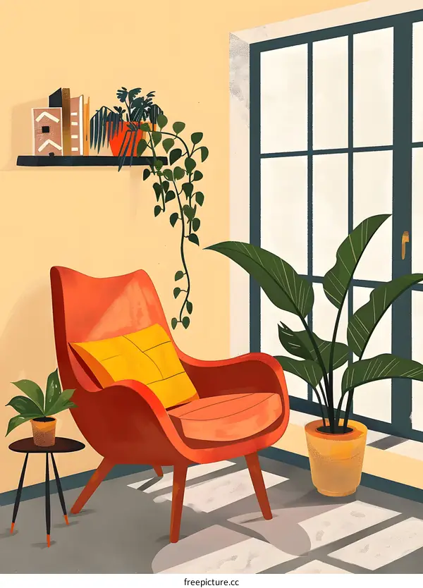 Modern Home Interior Design with Red Armchair and Plants